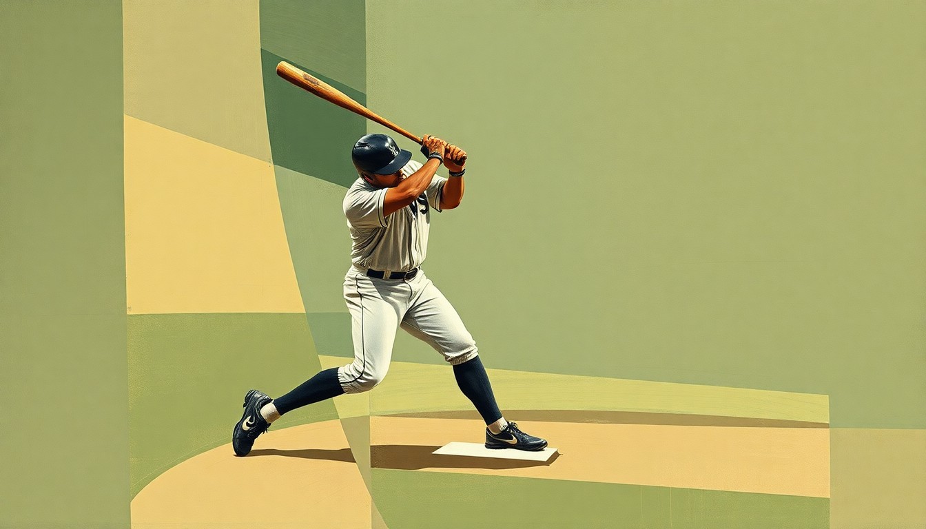A fragmented, geometric painting depicting a baseball player's motion broken down into sharp, overlapping planes of muted green, brown, and gray tones, conceptually representing the Miami Marlins' search for consistency during their recent struggles.
