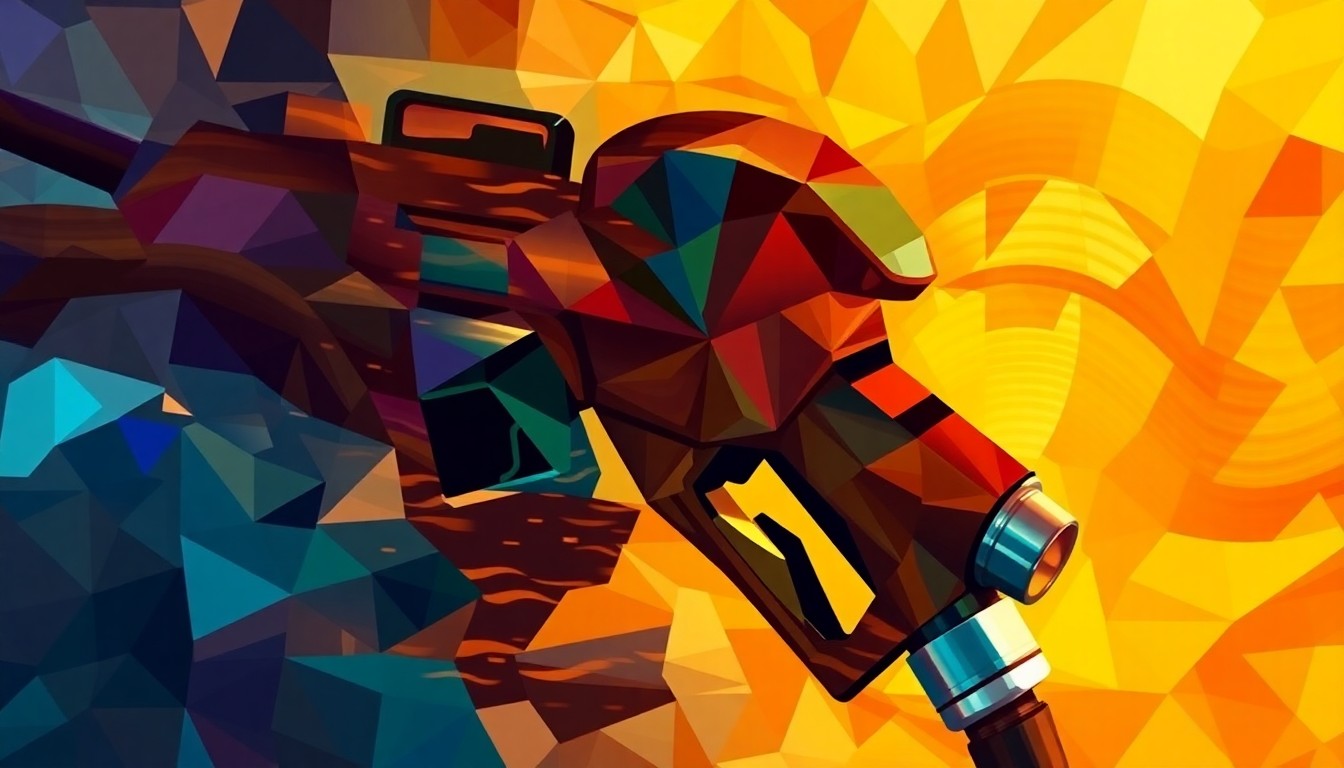 A dynamic, abstract painting featuring a gas pump nozzle in motion, with overlapping geometric shapes and waves of warm colors representing the volatility of global energy markets and their impact on domestic politics.