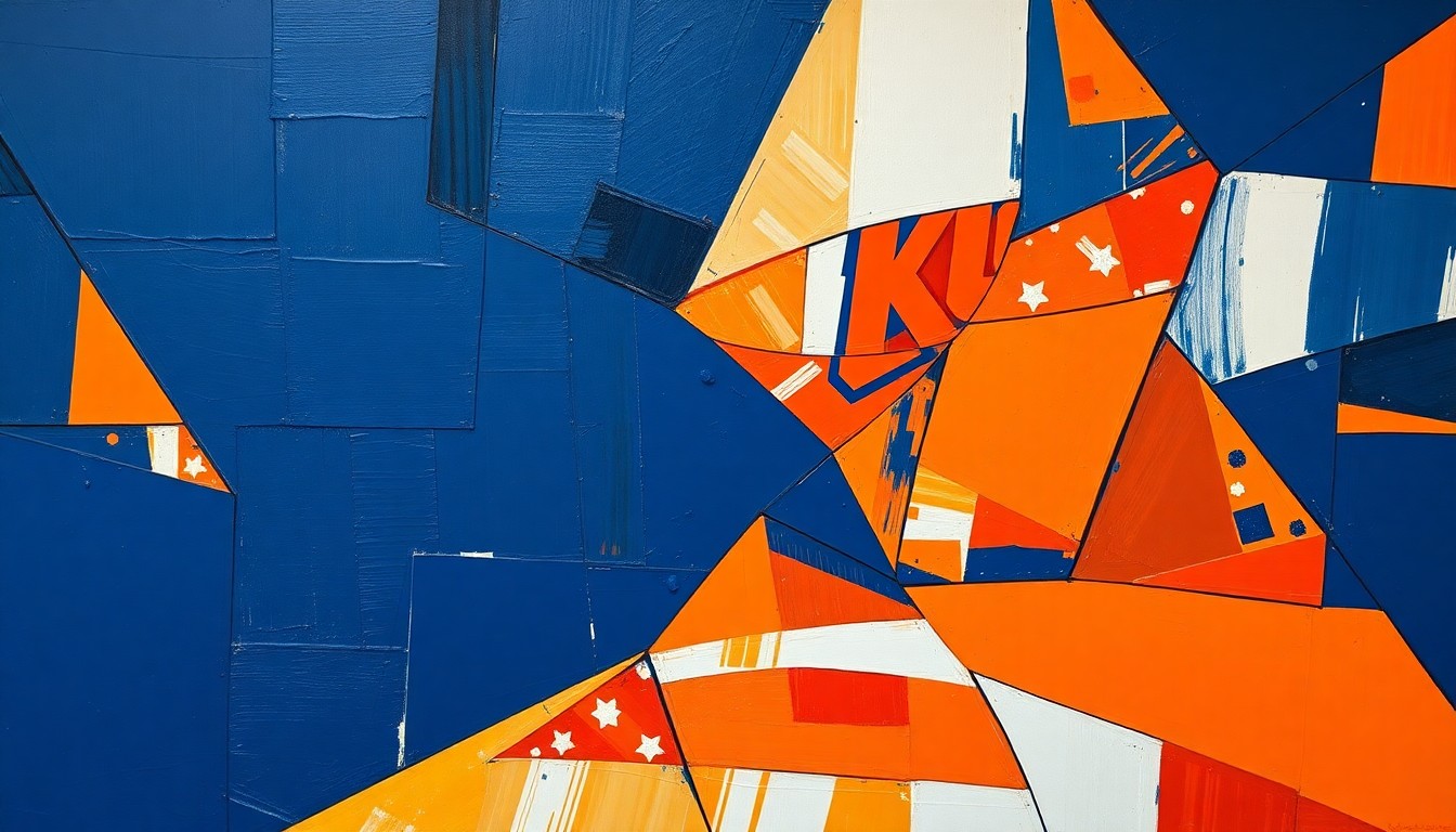 A fragmented, multi-angled painting in blue, orange, and white tones, depicting the action and movement of a basketball game in an abstract, cubist style.