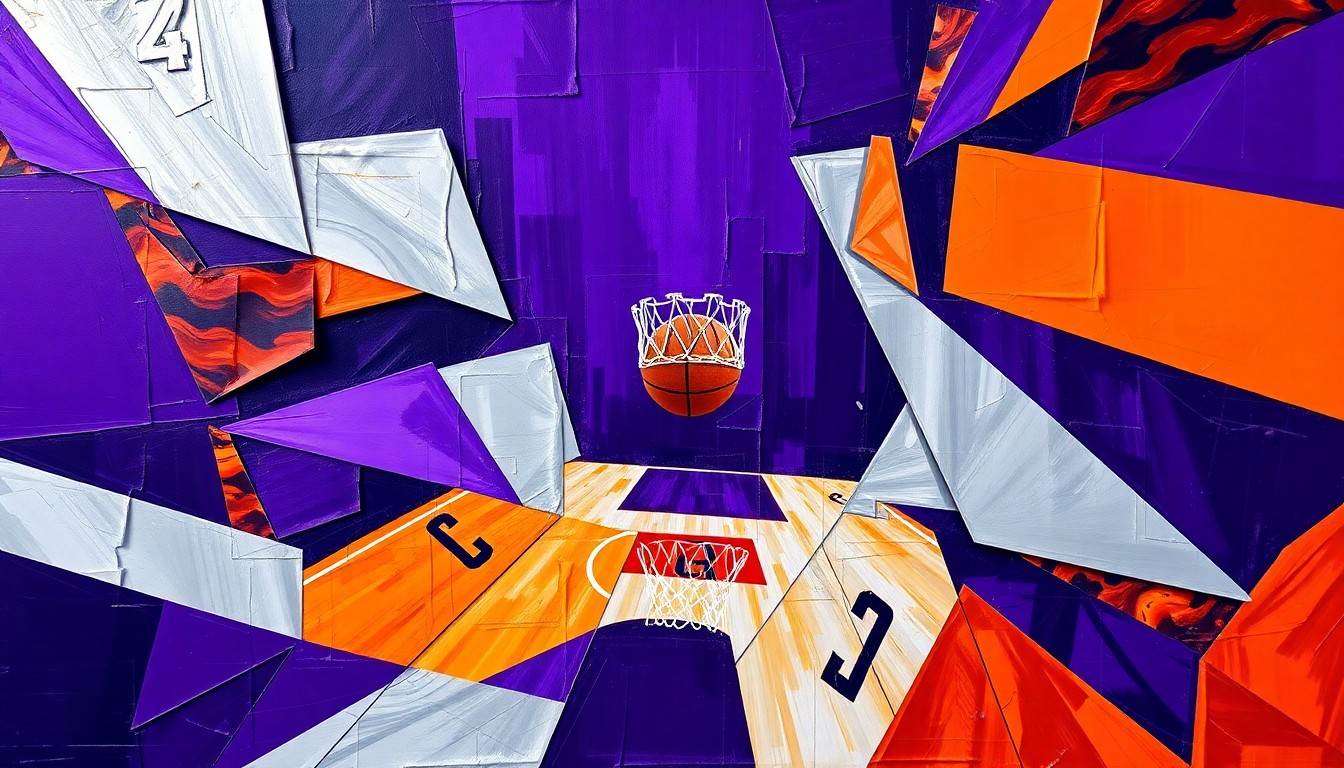 A cubist, geometric painting depicting a fragmented basketball game, with sharp, overlapping planes of color representing the dynamic action on the court.