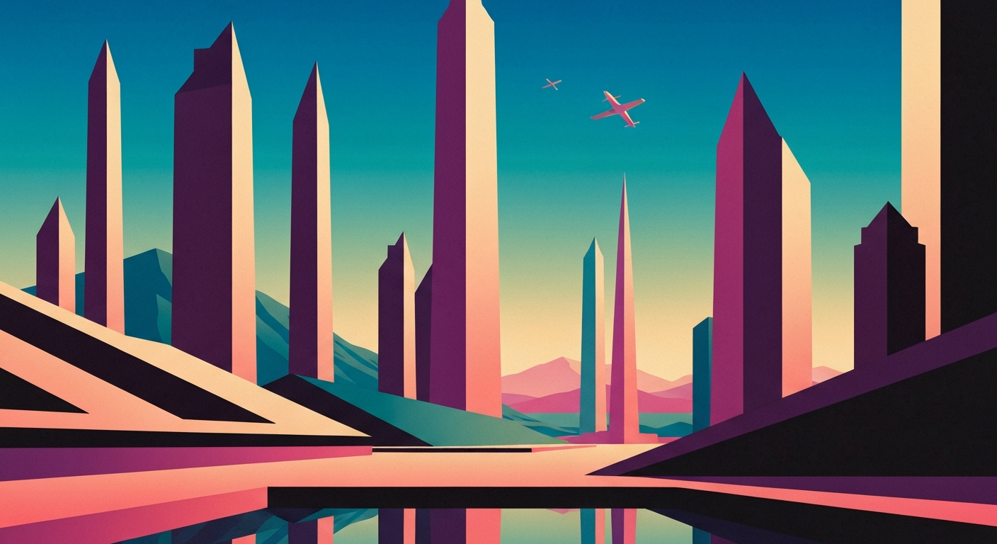 A highly stylized, geometric illustration depicting the grand scale of travel, with sweeping gradients and towering architectural forms, conveying the emotional impact of rising prices on the industry.
