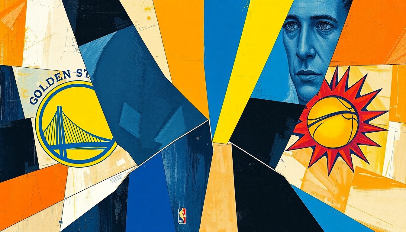 A cubist, geometric painting depicting a basketball game or match between the Golden State Warriors and Phoenix Suns, with the players and court broken down into sharp, overlapping planes of color and shape.