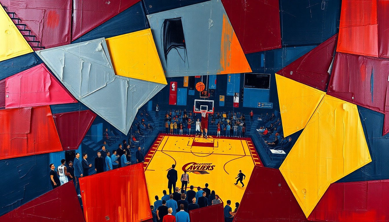 A fractured, cubist-style painting depicting a Cavaliers basketball game, with sharp geometric planes in rich colors like red, blue, and gold capturing the intensity and energy of the playoff atmosphere.