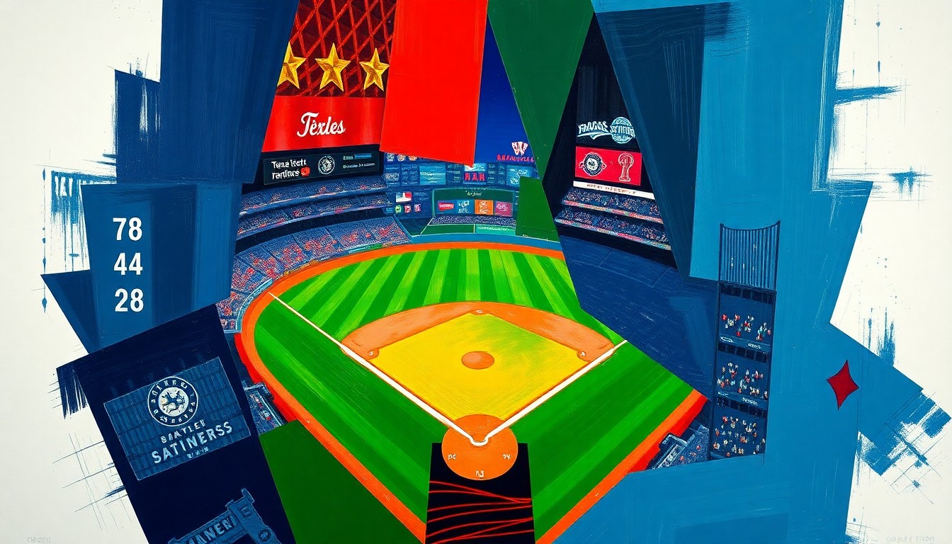 A fractured, multi-perspective painting depicting a baseball game between the Texas Rangers and Seattle Mariners, with the players and field broken down into sharp, overlapping geometric shapes in a vibrant color palette.