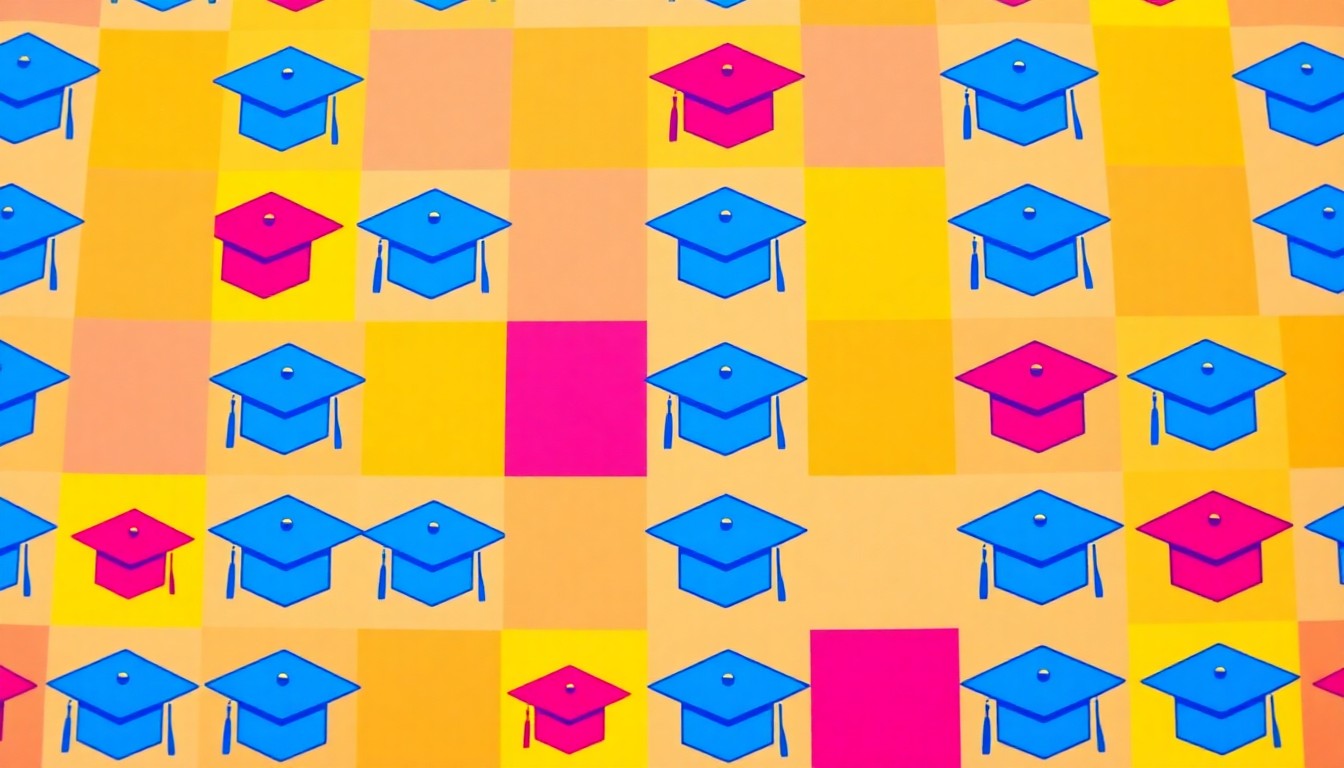 A bold, stylized illustration of a graduation cap icon repeated in a grid pattern, using bright neon colors to conceptually represent the energy and optimism of a student scholarship program.