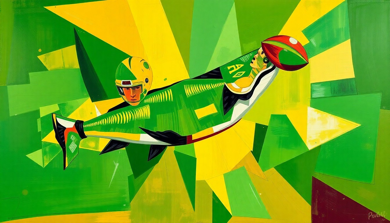 A fragmented, geometric painting depicting the dynamic motion and energy of a receiver making a diving catch, with sharp planes of green, gold, and maroon colors.