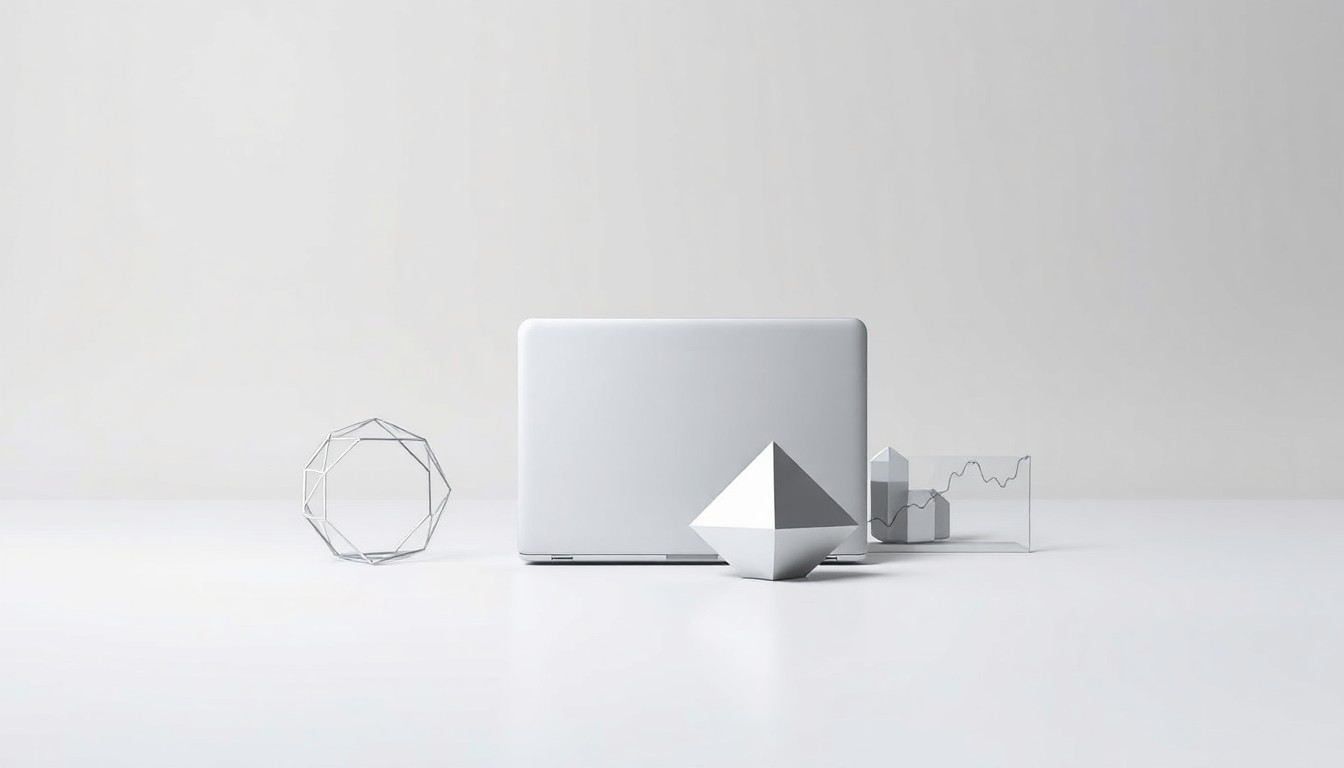 A photorealistic studio still life featuring a modern laptop, abstract data visualizations, and geometric shapes in polished metal and glass, symbolizing the strategic and financial considerations of the technology sector.