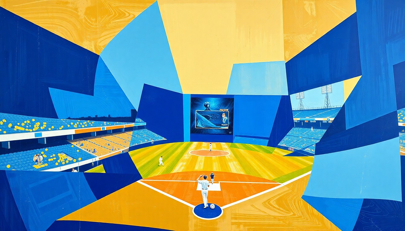 A cubist, geometric painting depicting a baseball game or match, with sharp, overlapping planes of royal blue, powder blue, and gold representing the fragmented action on the field.