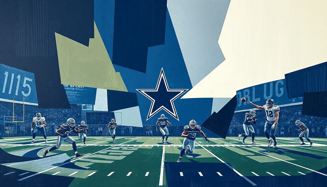 A cubist, geometric painting depicting a fragmented Dallas Cowboys football game, with players and the field reduced to abstract shapes and planes of navy blue, silver, and white.