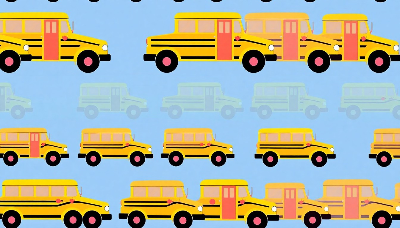 A boldly colored, abstract grid of stylized school bus icons in bright neon shades, conceptually representing the Marysville school district's plans to leverage state rebate programs to finance construction projects.