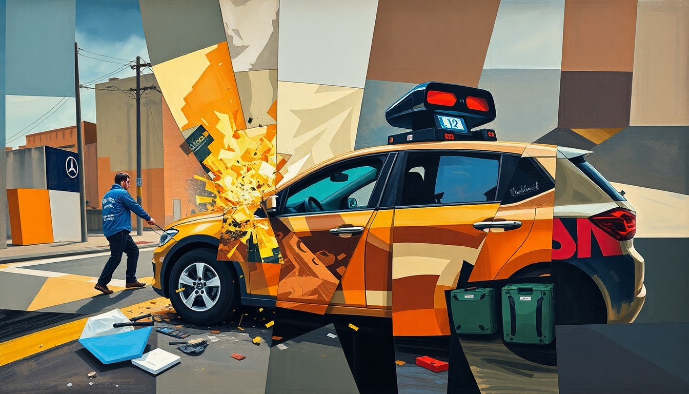 An extreme close-up of a shattered car sensor lens reflecting a faint red light, conceptually illustrating the vandalism of self-driving cars.