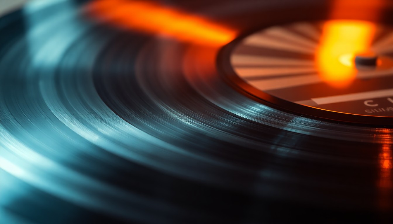 An extreme close-up photograph of a shiny, reflective vinyl record surface, capturing the luxurious, high-contrast textures and glittering reflections of the record in dramatic studio lighting, conceptually representing the enduring appeal of physical music formats.