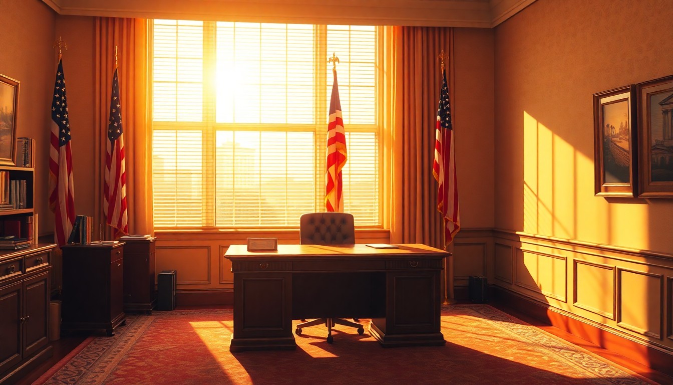 A serene, cinematic painting of an empty congressional office desk bathed in warm, diagonal sunlight, with a single American flag standing tall in the corner, conveying a sense of political power and influence.