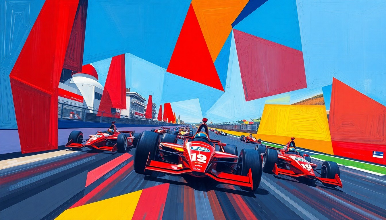 A fractured, multi-perspective painting in a cubist style, with sharp geometric planes in bright colors representing the high-speed action of an IndyCar race on the streets of Long Beach.