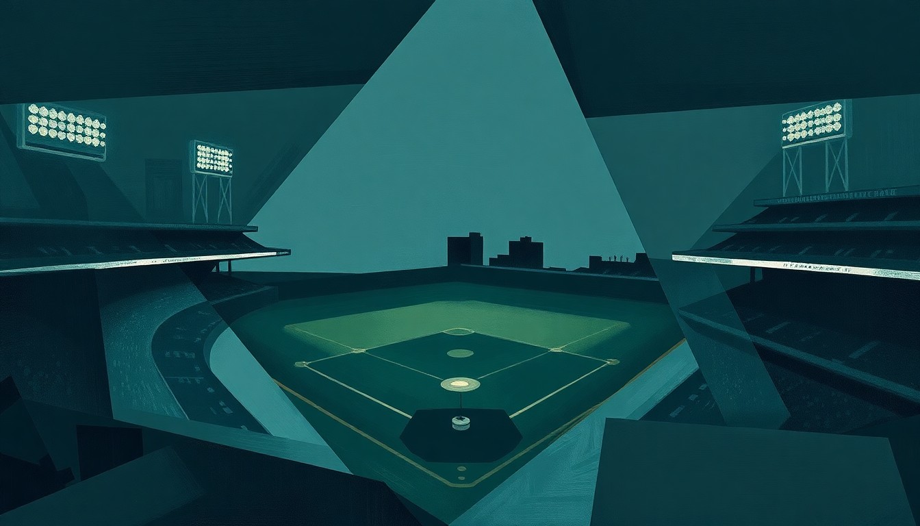 A cubist, geometric painting depicting a fragmented baseball game or match, with sharp planes of navy, forest green, and charcoal grey overlapping to create a sense of motion and unease.