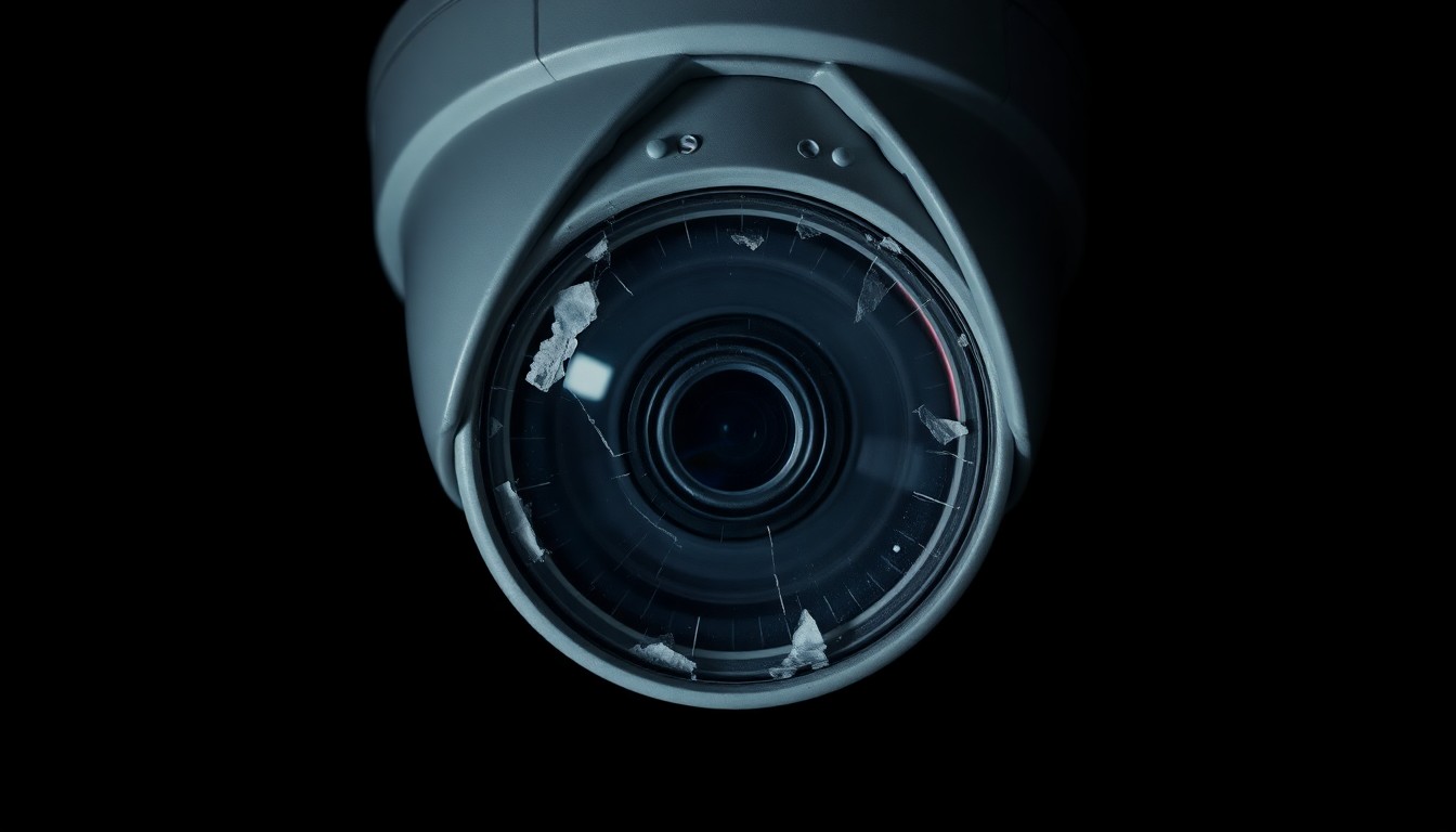 An extreme close-up photograph of a damaged mall security camera lens, the harsh flash illuminating the cracked and scarred surface to convey the aftermath of a disruptive 'teen takeover' event.