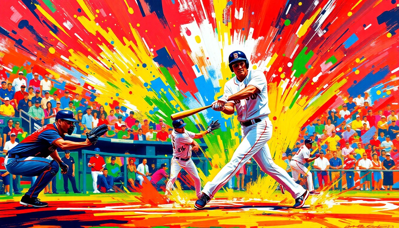 An abstract, expressionist painting in vibrant neon colors capturing the energy and excitement of a baseball player's game-winning hit, with no discernible faces or logos.