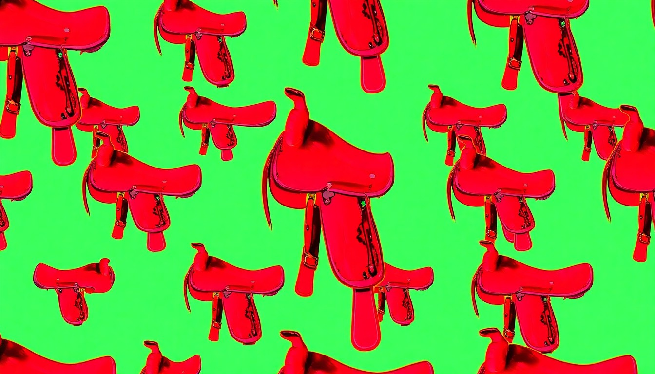 A high-contrast, silkscreen-style illustration featuring a single leather saddle repeated in a grid pattern, rendered in a bold, neon color palette that transforms the everyday cowboy craft into a modern, conceptual work of pop art.