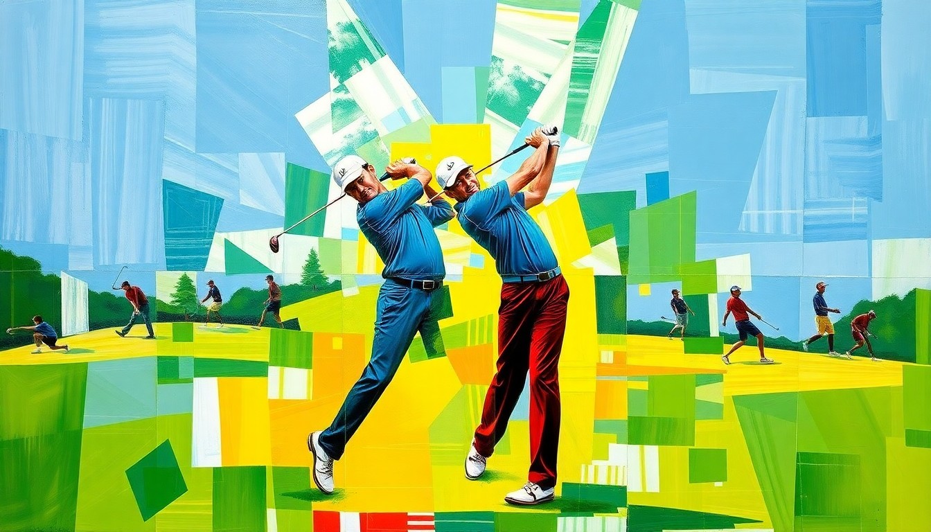 A fragmented, geometric painting depicting Tiger Woods' golf swing from multiple angles, with his body and club deconstructed into sharp, overlapping shapes and planes of color.