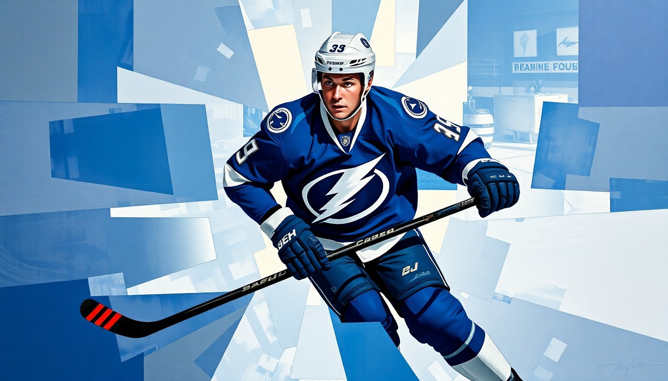 A cubist, geometric painting depicting a Tampa Bay Lightning hockey defenseman in action, their jersey and equipment broken down into sharp, overlapping planes of color and form.