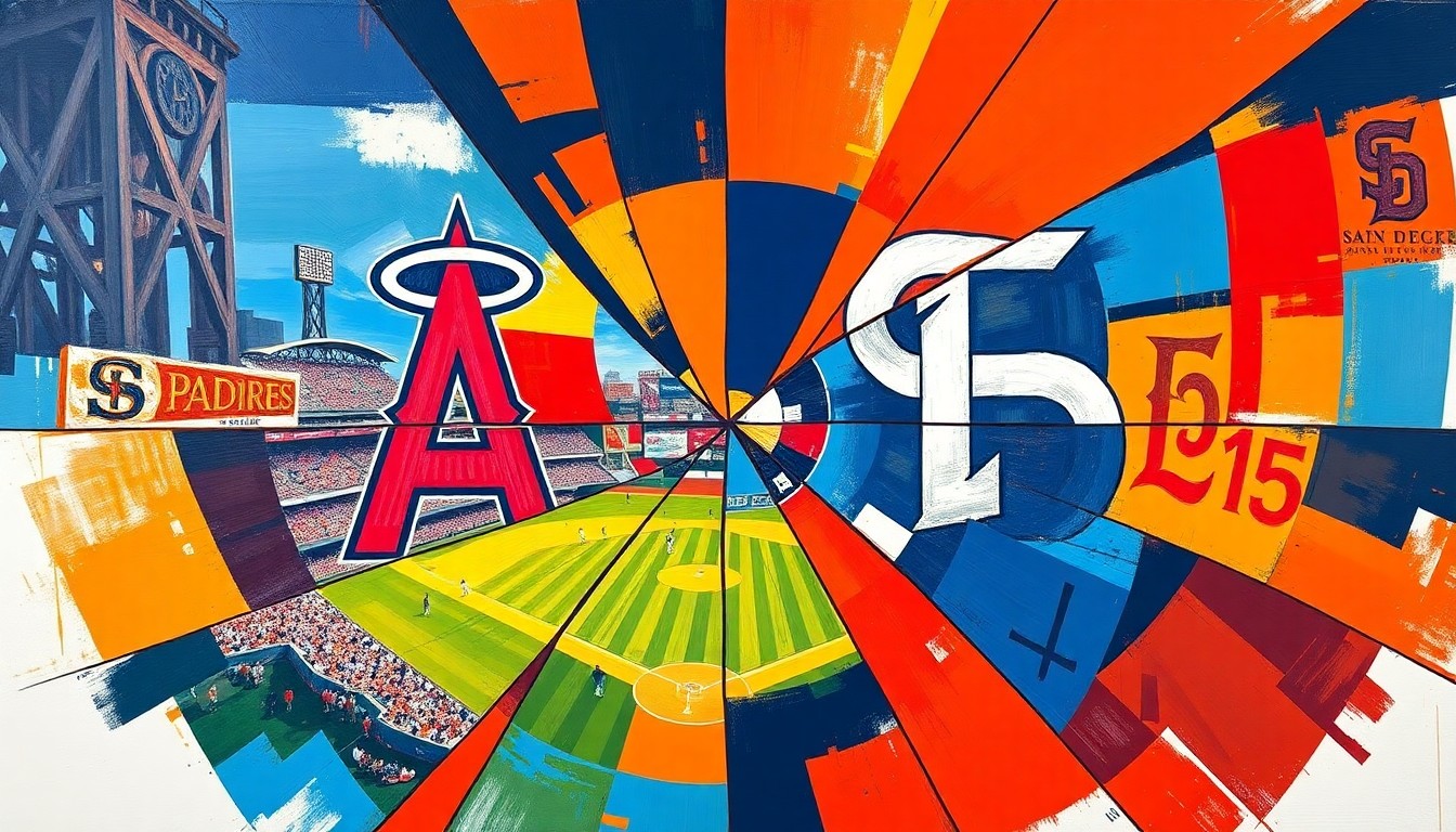 A fractured, multi-perspective painting in bold, vibrant colors representing a baseball game between the San Diego Padres and Los Angeles Angels, with sharp geometric planes and overlapping shapes conveying the dynamic action on the field.