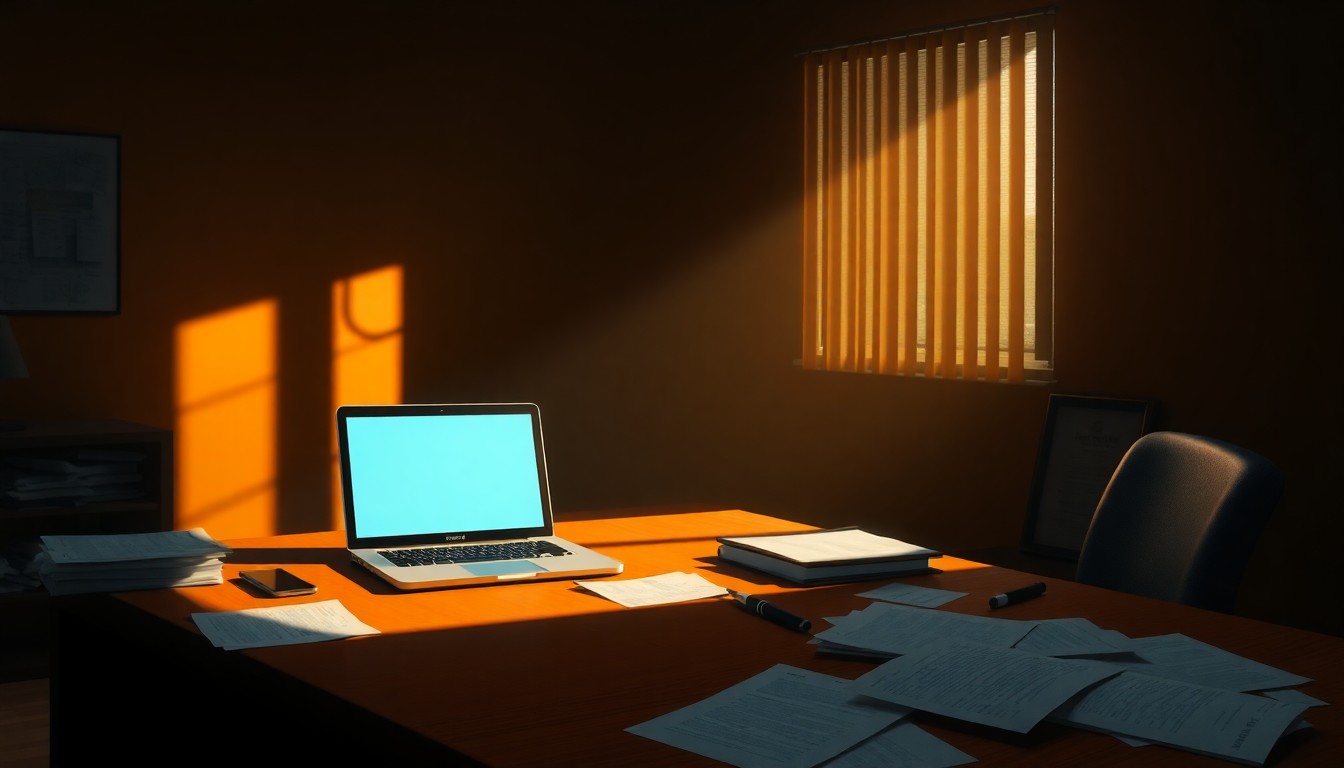 A photorealistic painting of a simple government office desk with a laptop, pen, and scattered papers, the scene bathed in warm, dramatic lighting that casts deep shadows, conveying a sense of quiet contemplation and bureaucratic solitude.