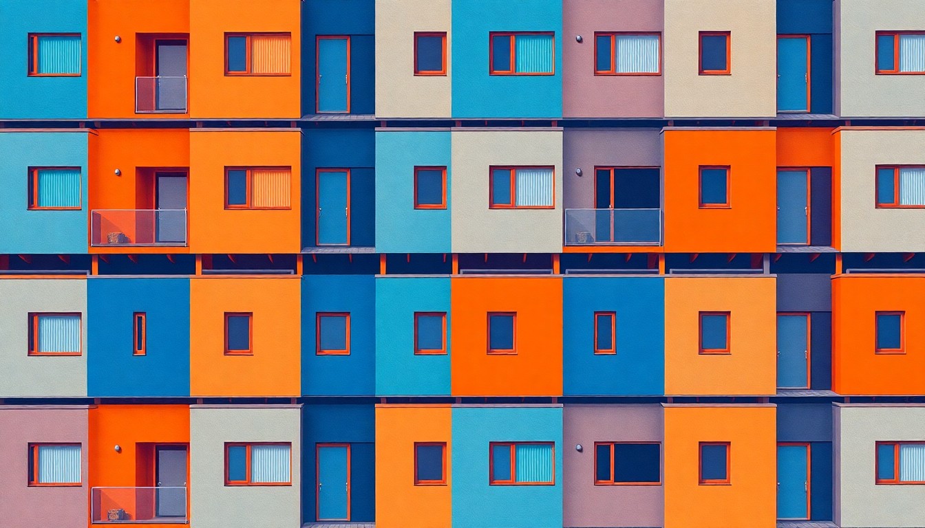 A bold, colorful silkscreen-style illustration featuring a repeating pattern of a minimalist house facade in shades of blue, orange, and gray, capturing the contemporary aesthetic of the featured property.