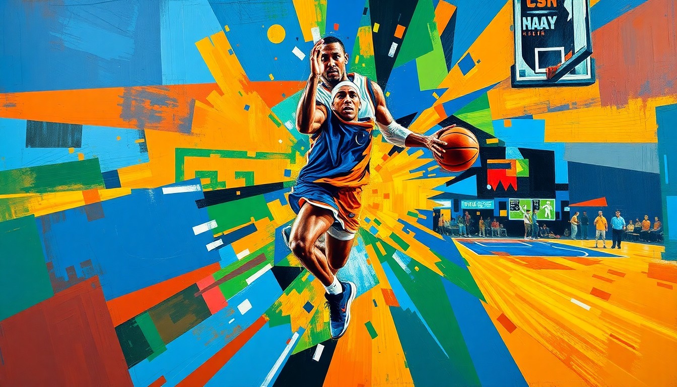 A fractured, cubist-style painting depicting the dynamic movements and energy of a basketball player, with sharp geometric planes in vibrant colors representing the uncertainty surrounding Jimmy Butler's future with the Golden State Warriors.