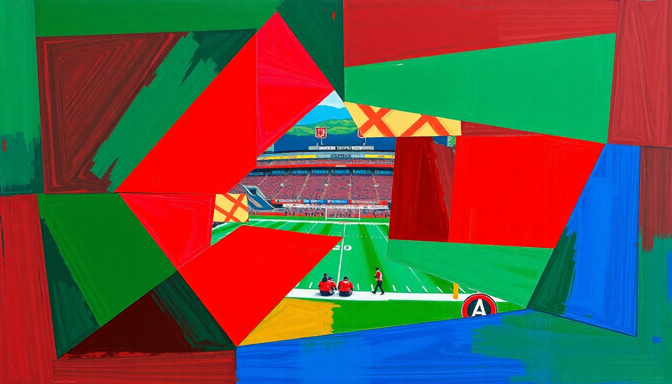 A fragmented, geometric painting in shades of red, green, and blue, capturing the dynamic energy and competing perspectives of a college football match.