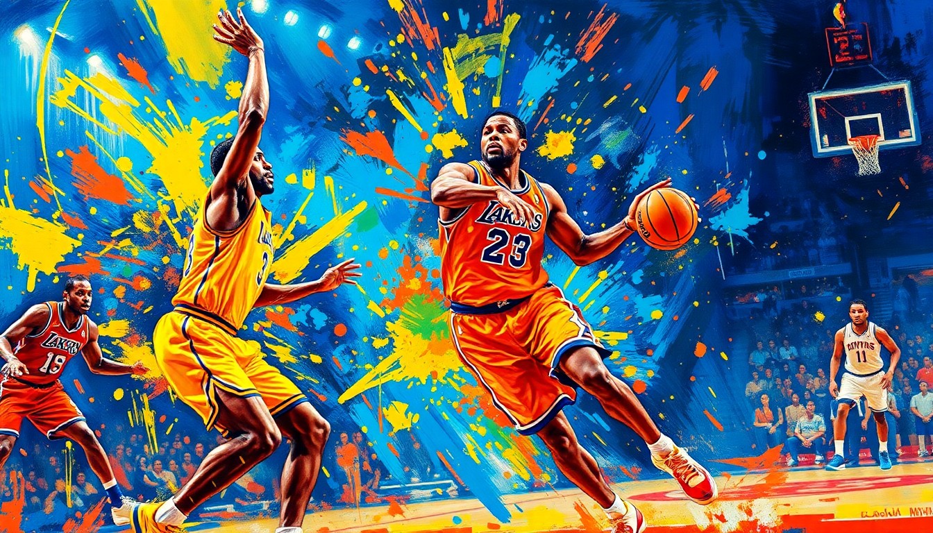 An abstract expressionist painting featuring explosive brushstrokes in vibrant neon colors, capturing the raw energy and competitive spirit of an NBA playoff game.