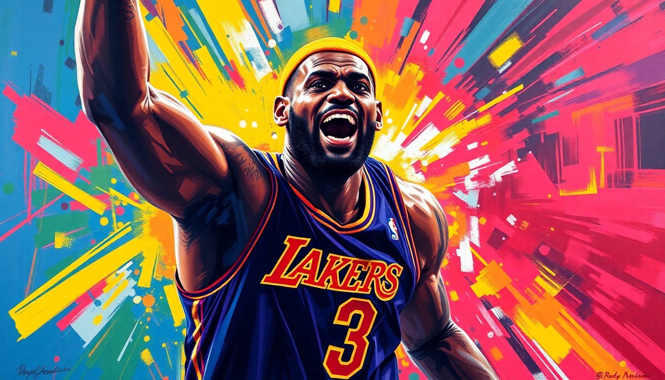 An abstract, energetic painting featuring bold, neon-colored brushstrokes that convey the raw power and intensity of LeBron James' basketball performance, without any identifiable faces or logos.