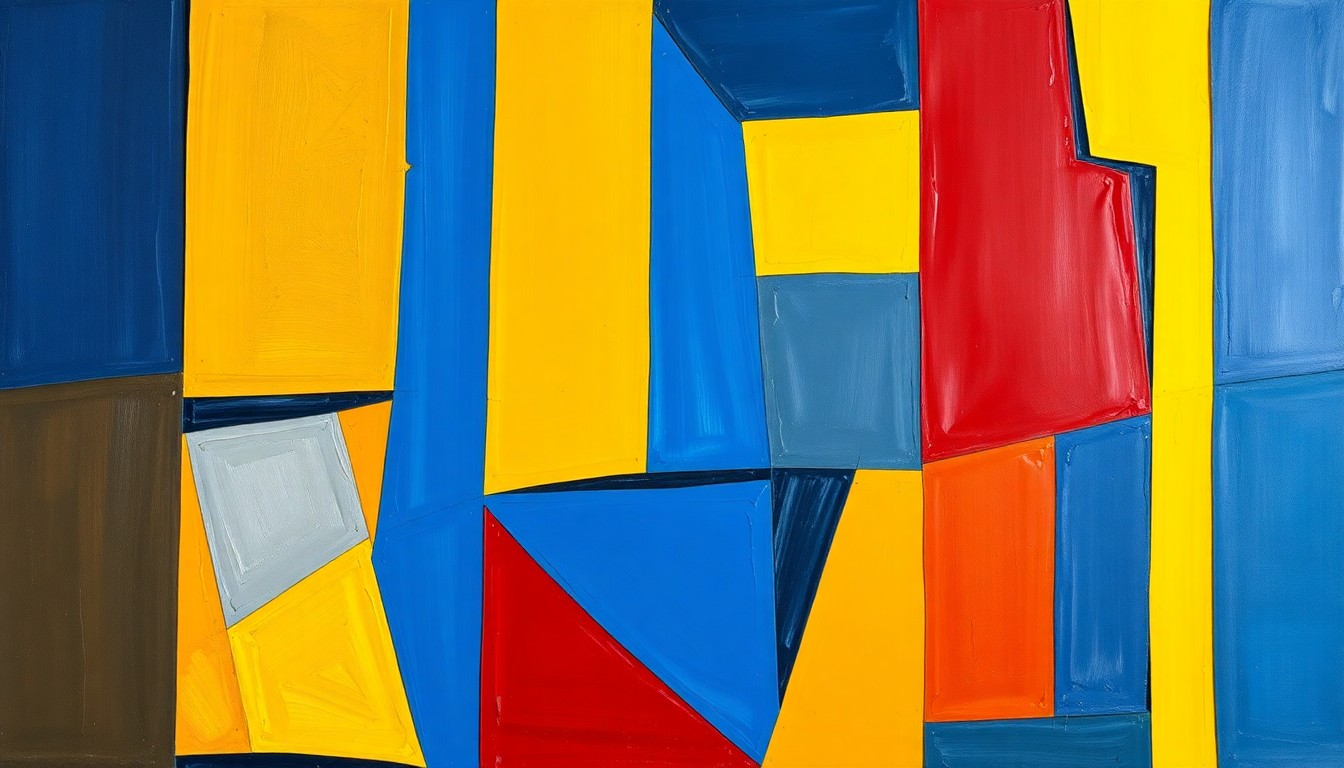 A cubist, geometric painting depicting a fragmented basketball court and players, using bold, overlapping shapes and vibrant colors to capture the dynamic energy of the game.