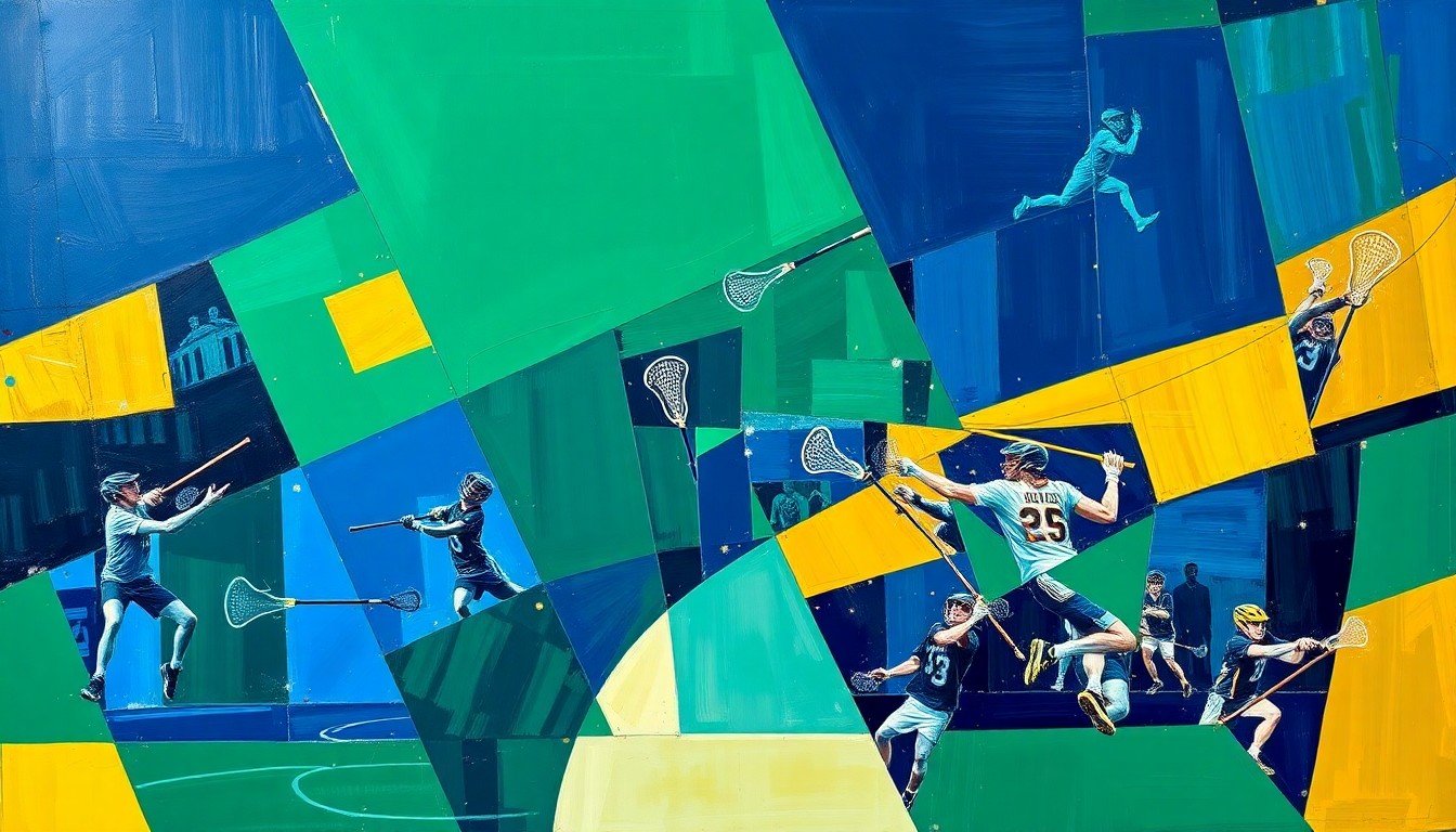 A fractured, multi-perspective painting in bold, overlapping geometric shapes and planes of navy blue, forest green, and gold, conceptually representing the top-ranked college lacrosse teams competing for the championship.