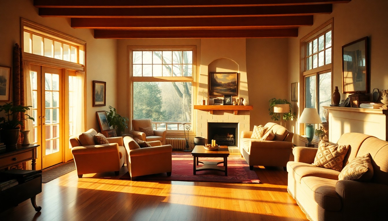 An extremely abstracted, out-of-focus photograph of a cozy, sun-drenched living room with hardwood floors, plush furniture, and a fireplace, captured in the soft, atmospheric style of Saul Leiter.