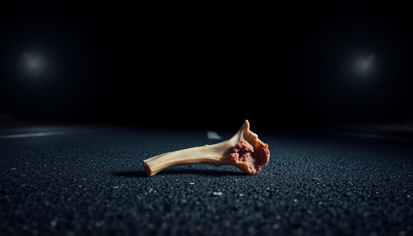 An extreme close-up photograph of a single slaughtered animal bone on the dark asphalt of a highway, conceptually illustrating the hazardous spill left behind by the fleeing truck driver.