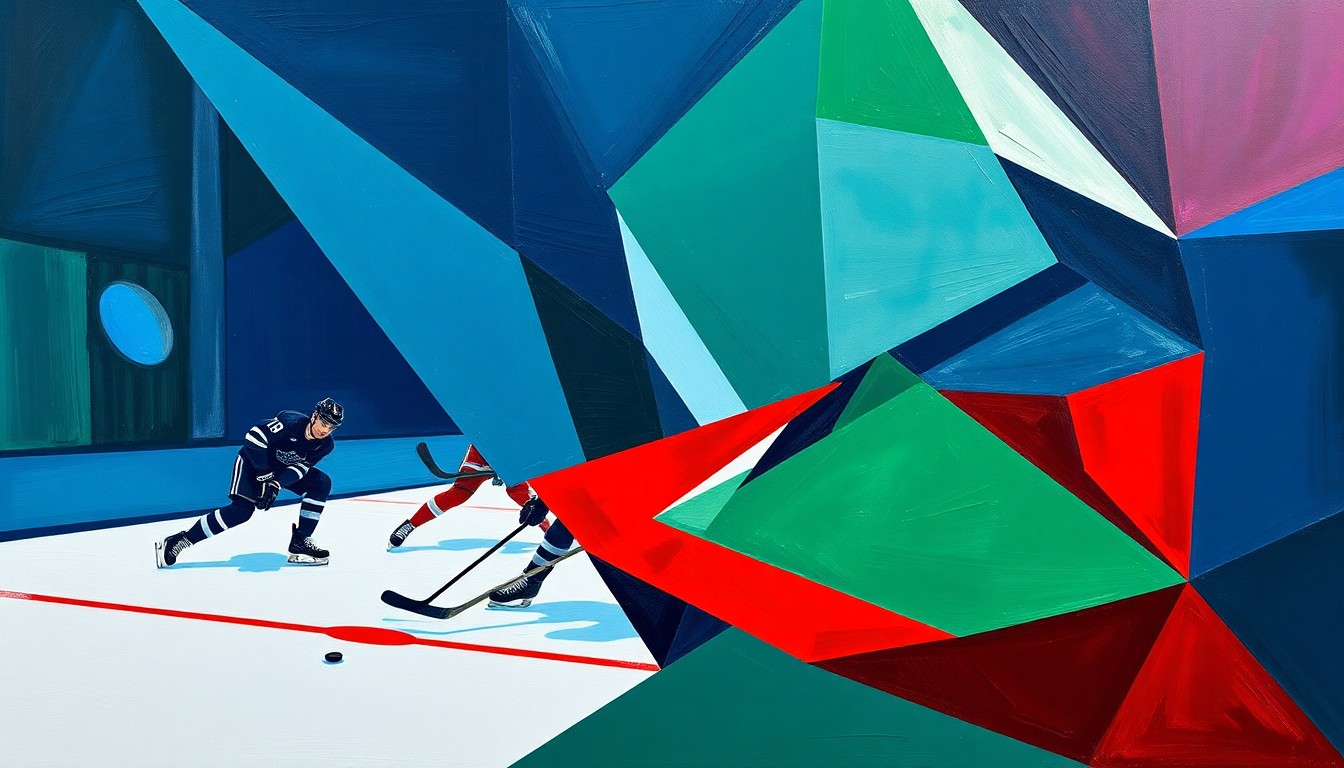 A cubist, geometric painting depicting the chaotic action of a hockey game, with players and the puck represented as fragmented, overlapping shapes in a vibrant color palette.