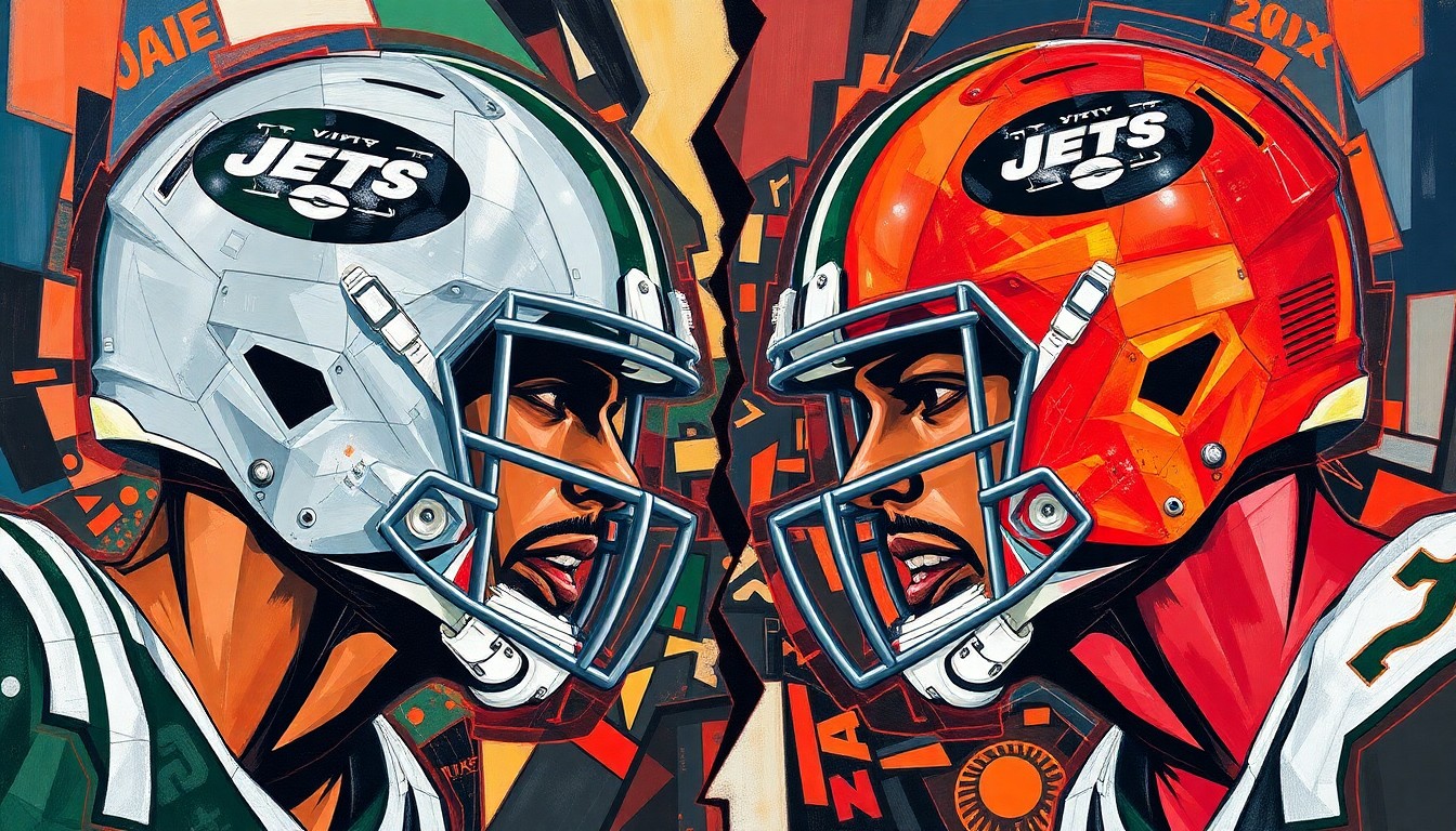 A fragmented, geometric painting depicting the intense competition and high-stakes decision facing the New York Jets as they choose between two top edge rushers for the second overall pick in the upcoming NFL Draft.