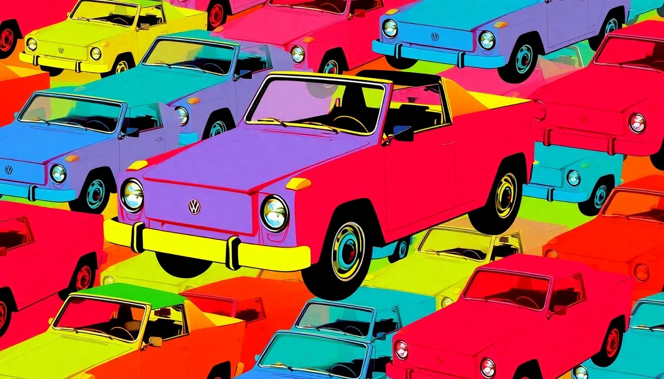 A high-contrast, silkscreen-style illustration featuring a grid of brightly colored, neon-hued Volkswagen Thing cars, capturing the retro-futuristic energy of the college's community celebration.