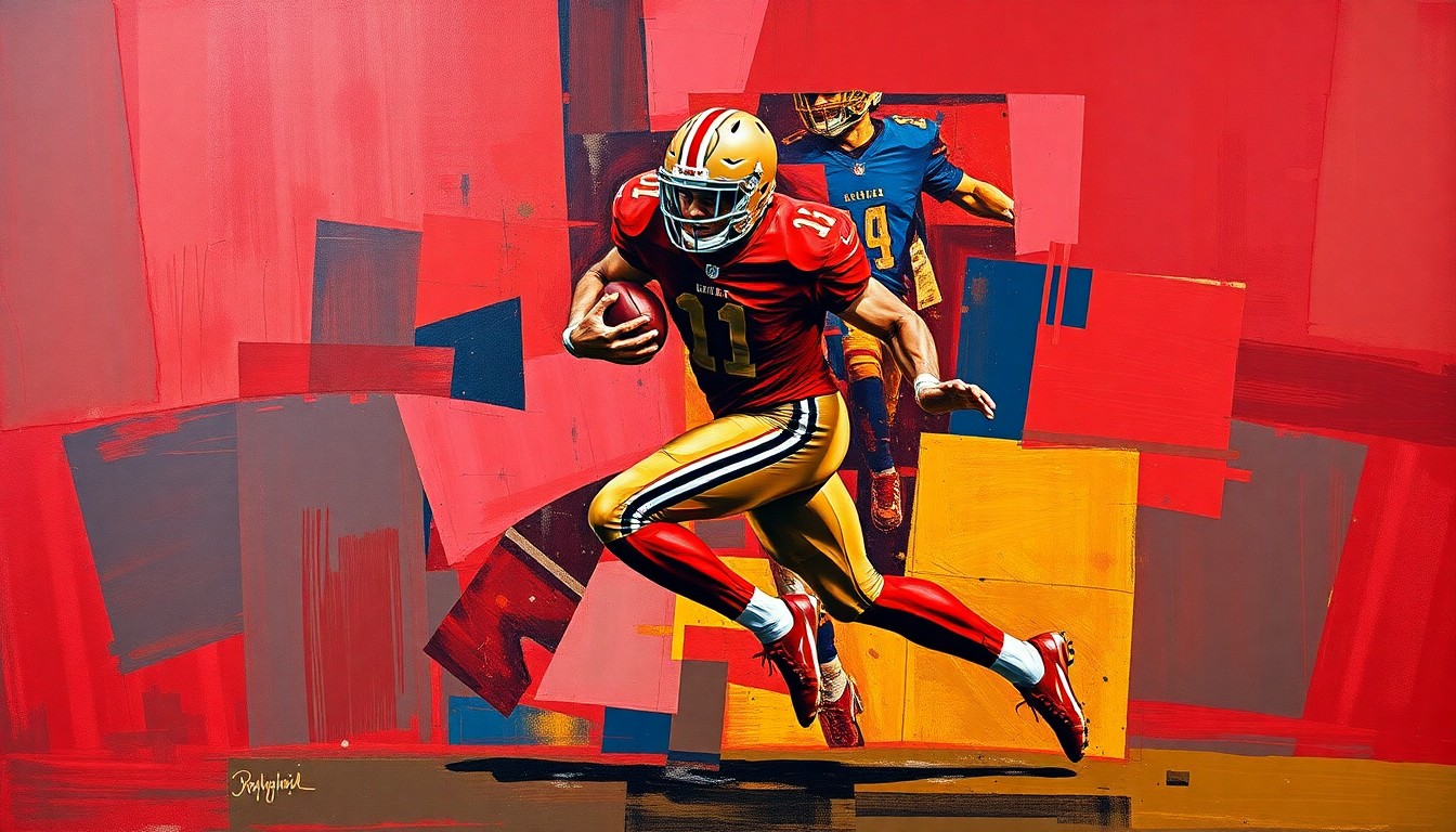 A fragmented, cubist-style painting depicting a football player in mid-stride, with their body broken down into sharp, overlapping geometric shapes in a palette of deep red, navy blue, and gold, conceptually representing the complexity and challenge of recovering from a major injury.