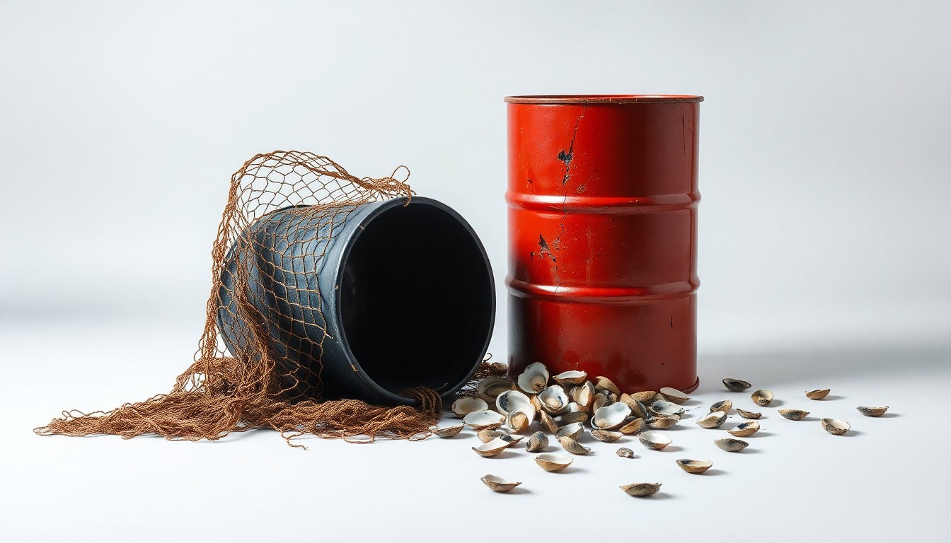 A photorealistic studio still-life featuring a weathered fishing net, a cracked oil drum, and scattered oyster shells, conceptually representing the environmental and economic toll of an oil spill on coastal communities.