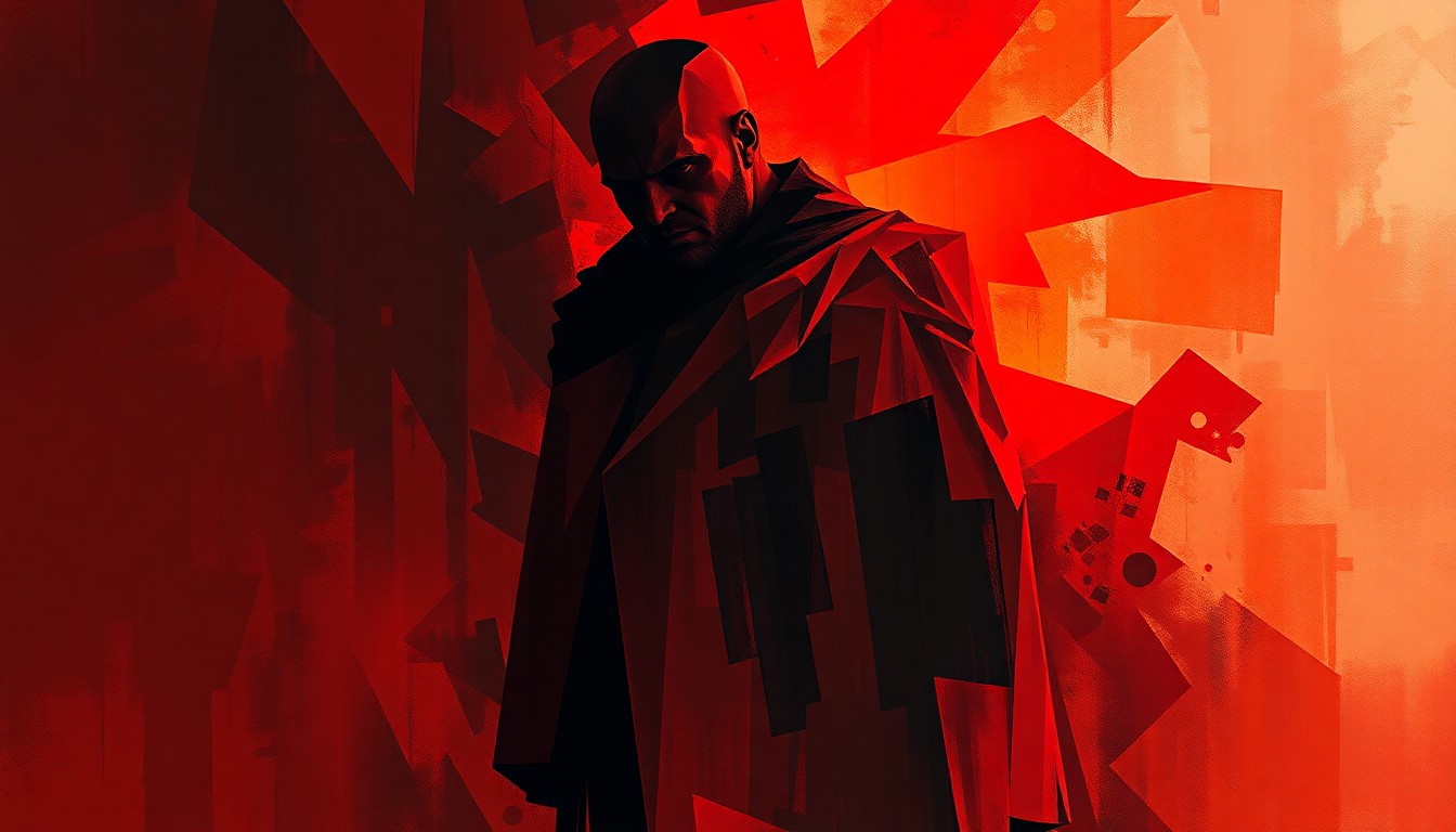 A fractured, abstract painting in shades of red, orange, and black, depicting a shadowy, distorted figure, representing the concept of a political 'Antichrist' figure.