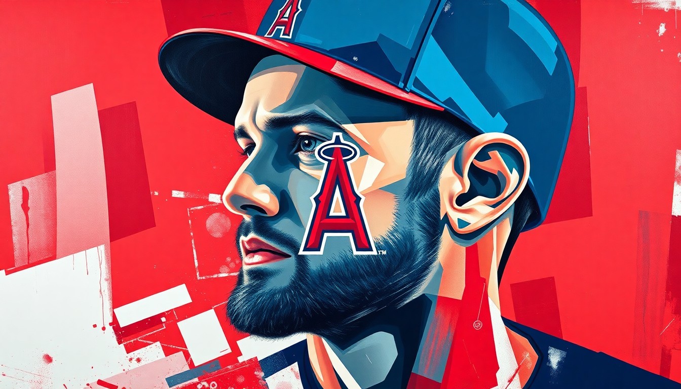 A fractured, cubist-style painting depicting various baseball actions and scenes, using the Angels' team colors to represent the storied career of outfielder Garret Anderson.