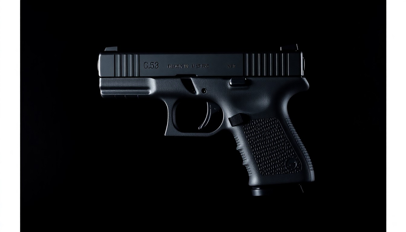 An extreme close-up of a Glock 19 handgun against a pitch-black background, lit by a harsh camera flash to create a stark, gritty, investigative aesthetic, conceptually representing the alleged misconduct by a federal immigration agent.
