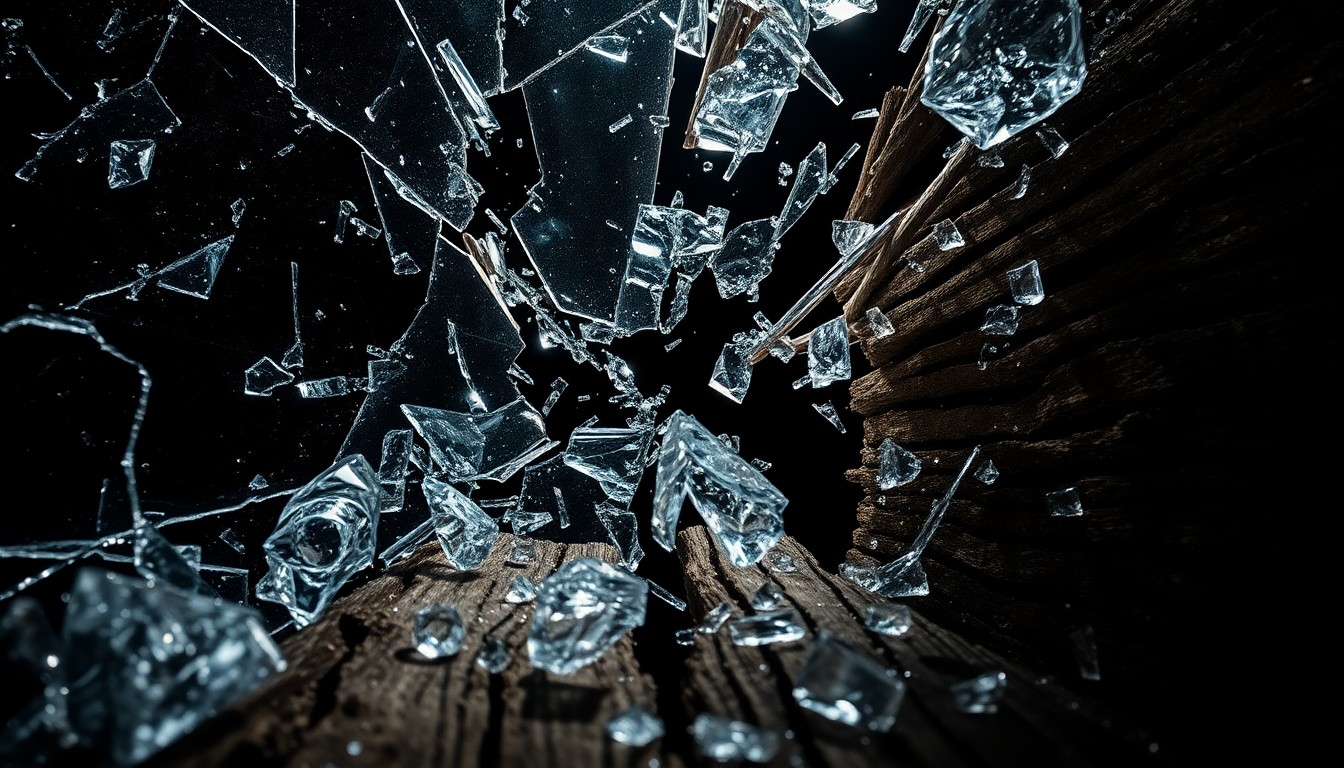 An abstract close-up image featuring shattered glass and splintered wood textures in high-contrast studio lighting, conveying the tense, high-stakes nature of the survival story depicted in the film 'Not Without Hope'.
