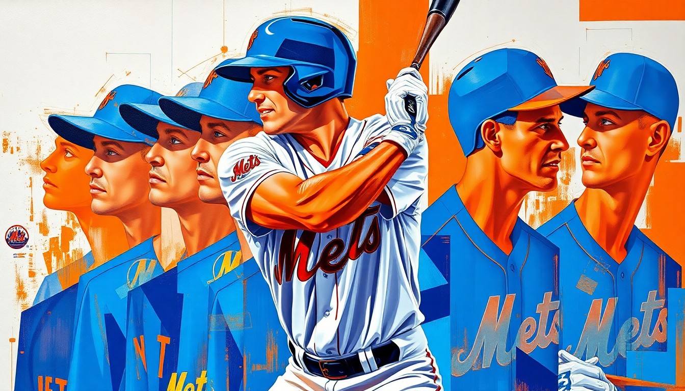 A fragmented, geometric painting depicting a baseball player's batting stance, with sharp planes of blue and orange representing the Mets' colors. The abstract composition conveys the challenges Lindor has faced in finding his rhythm at the plate.