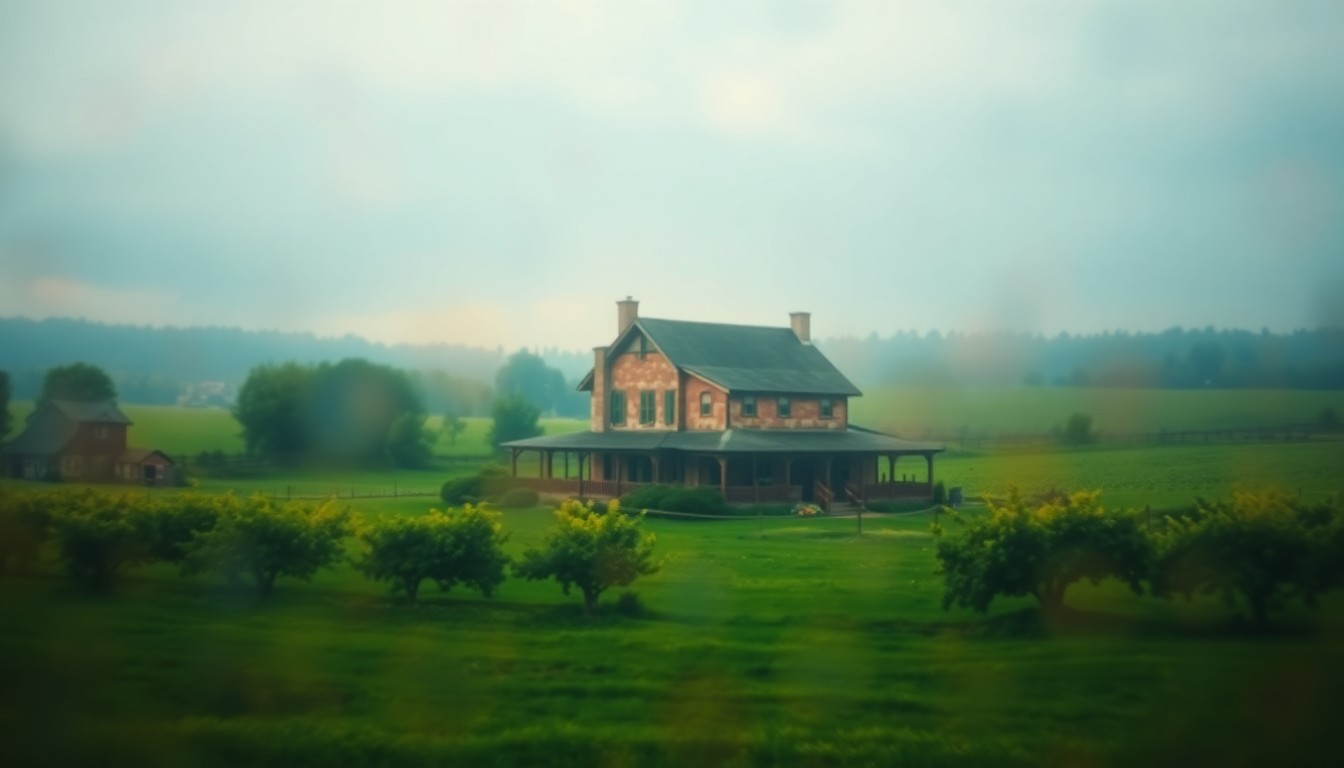 An impressionistic, out-of-focus photograph depicting a historic farmhouse surrounded by verdant fields and orchards, conveying a nostalgic, atmospheric mood about the tour's exploration of Hapeville's farming past.