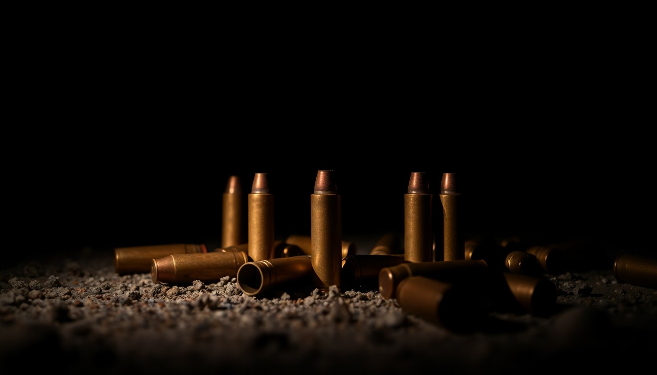 An extreme close-up of several spent shell casings on the ground, reflecting a harsh, direct flash of light that creates a stark, gritty, investigative aesthetic, conceptually representing the police investigation into a late-night shooting incident.