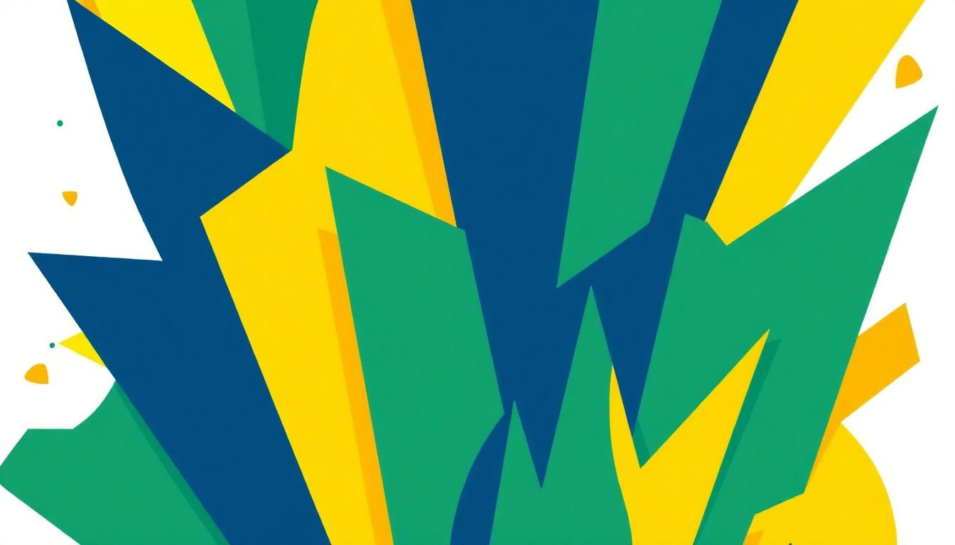 A vibrant, abstract illustration composed of sharp, angular shapes in shades of green, yellow, and blue, conveying the high-energy atmosphere of a music festival.