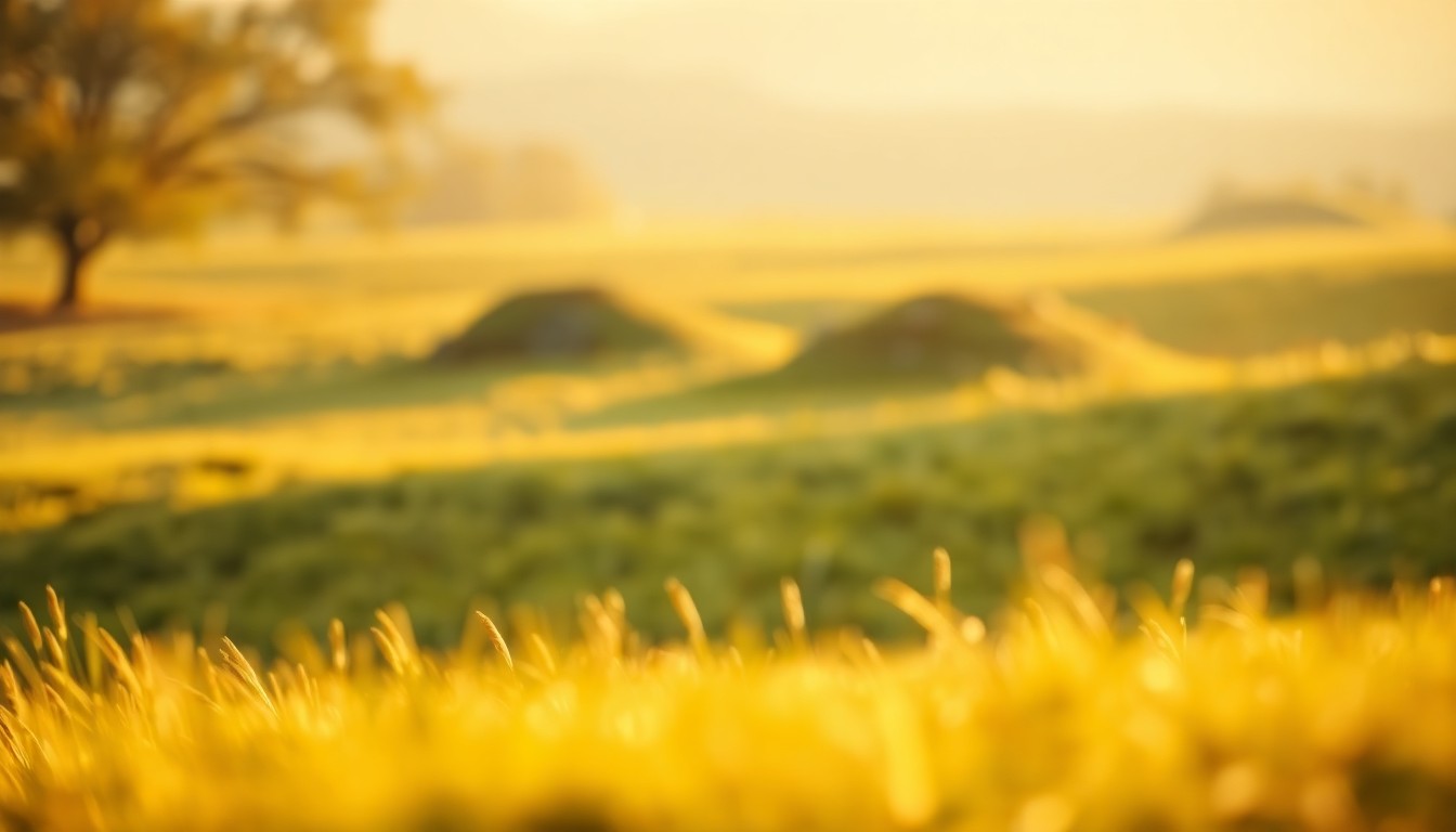 An abstracted, out-of-focus photograph of a grassy field with several low, rounded mounds in the distance, bathed in warm, golden light, conceptually representing the ancient history and tranquility of the Wolfe Plains archaeological site.