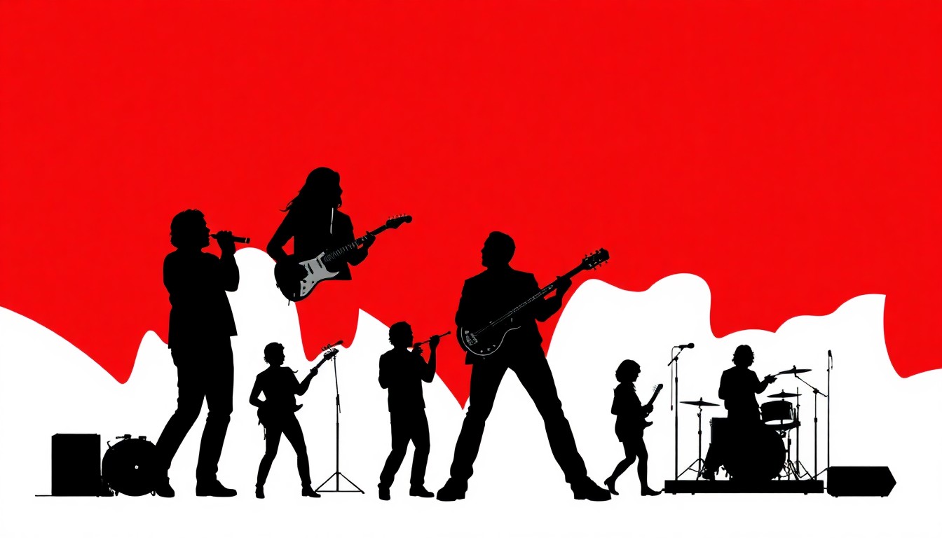 A striking abstract illustration featuring black silhouettes of various musical instruments and performers set against a bold red and white background, conceptually representing the diverse sounds and energy of the Roswell Music Festival.